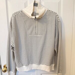 Three Dots Navy and White Striped Pullover